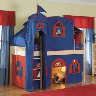 Bolton Furniture Bolton Low loft Twin Bed With Castle Tower/ Top Tent/ Bottom Playhouse Curtain/ Ladder Neutral Size Twin