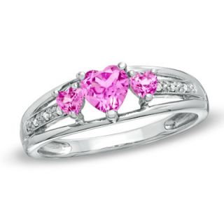 Heart Shaped Lab Created Pink Sapphire Three Stone and Diamond Accent