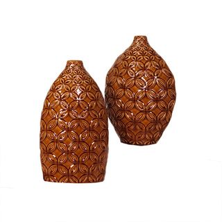 Glossy Mocha Brown Floral 2 piece Textured Ceramic Vase Set