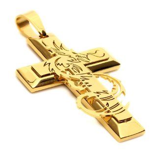 K Mega Jewelry Stainless Steel Golden Dragon Cross Mens Pendant Necklace P826 Jewelry