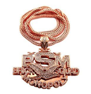 New Iced Out Rose Gold BSM Brick squad Monopoly Pendant w/4mm 36" Franco Chain Necklace MP830RG Jewelry