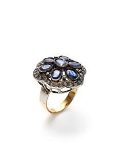 Sapphire & Champagne Diamond Flower Ring by Karma Jewels