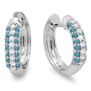 0.30 Carat (ctw) 10K White Gold Round Blue & White Diamond Ladies Pave Set Huggies Hoop Earrings 1/3 CT Jewelry