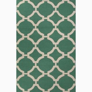 Hand made Geometric Pattern Green/ Ivory Wool Rug (2x3)