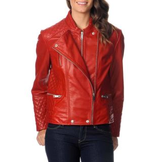 Excelled Excelled Womens Red Leather Motorcycle Jacket Red Size L (12  14)