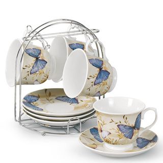 Butterfly Porcelain 9 piece Coffee/ Tea Set On Metal Stand
