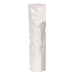 Tall Glossy White Hammered Ceramic Cylinder Vase