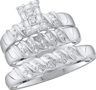 10K White Gold 0.10 Ct Round & Baguette Diamond Bridal Engagement Wedding Trio Set Jewelry