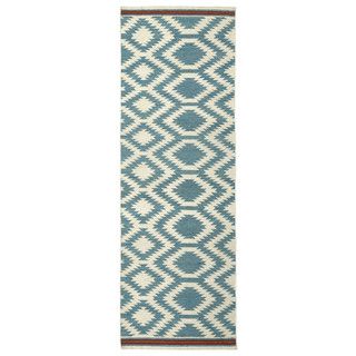 Flatweave Tribeca Turquoise Geometric Wool Rug (26 X 8 Runner)