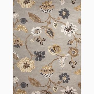 Hand made Floral Pattern Gray/ Tan Wool/ Art Silk Rug (8x10)
