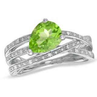 Pear Shaped Peridot and Diamond Accent Orbit Ring in Sterling Silver