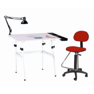 Martin Universal Design Berkeley 4 Piece Melamine Drafting Table Set with Chair U DS14041XX Finish White with White Top and Red Drafting Chair