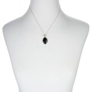 Onyx and Marcasite Sterling Silver Marquise Shaped Pendant with 18" Chain