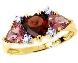 14K White Gold Heart and Pear Three GemStone Ring with Diamonds Multi Garnet Pink Tourmaline, size5 Jewelry