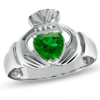 Mens Lab Created Emerald Claddagh Ring in 10K White Gold with Diamond