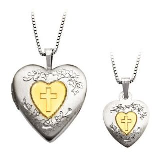 Mother and Daughter Matching Heart with Cross Locket and Pendant Set
