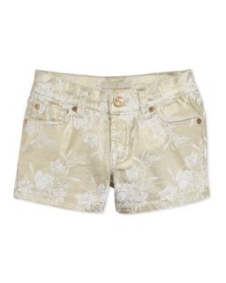 Girls Metallic Floral Print Shorts, White Gold, 8 10   7 For All Mankind