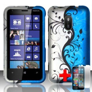 Nokia Lumia 620 (AIO Wireless) 2 Piece Snap On Rubberized Hard Plastic Image Case Cover, Black Vines Blue/Silver Cover + LCD Clear Screen Saver Protector Cell Phones & Accessories