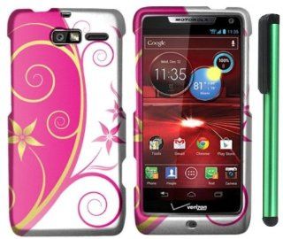 Beauty Pink Silver Gold Vine Swirl Premium Design Protector Hard Cover Case for Motorola DROID RAZR M XT907 (Verizon) + Combination 1 of New Metal Stylus Touch Screen Pen (4" Height, Random Color  Black, Silver, Hot Pink, Green, Light Green, Red, Blue