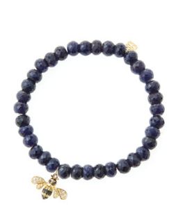 6mm Faceted Sapphire Beaded Bracelet with 14k Gold/Diamond Bee Charm (Made to