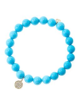 8mm Turquoise Beaded Bracelet with Mini Yellow Gold Pave Diamond Disc Charm