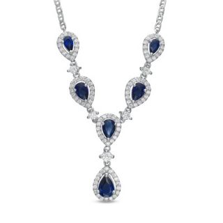 Pear Shaped Lab Created Blue Sapphire and White Sapphire Drop Necklace