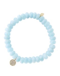 8mm Faceted Aquamarine Beaded Bracelet with Mini Yellow Gold Pave Diamond Disc
