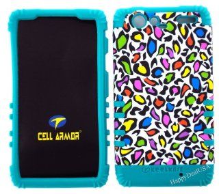 Hybrid 2 in 1 Blueish Green Silicone and Colorful Leopard Print on White Protector Case for Verizon Motorola Droid Razr XT912 Cell Phones & Accessories