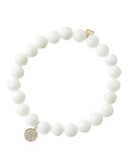 8mm Faceted White Agate Beaded Bracelet with Mini Yellow Gold Pave Diamond Disc