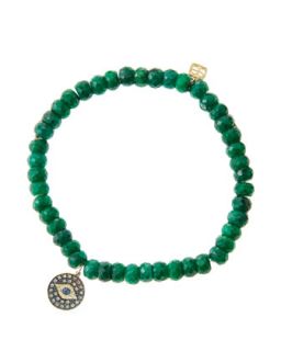 6mm Faceted Emerald Beaded Bracelet with 14k Gold/Rhodium Diamond Small Evil