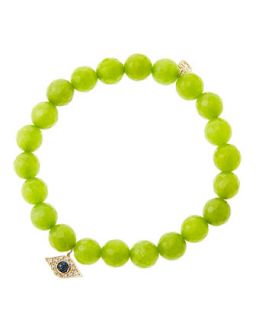 8mm Faceted Lime Jade Beaded Bracelet with 14k Yellow Gold/Diamond Small Evil