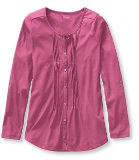 Pima Button Front Pin Tucked Top, Long Sleeve Misses Petite