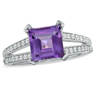 Princess Cut Amethyst and 1/4 CT. T.W. Diamond Ring in 10K White Gold