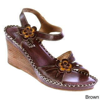 Spring Step Womens Lartiste Leather Floral trim Wedge Sandals