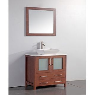 Legion Furniture White Artificial Stone Top 36 inch Vessel Sink Cherry Bathroom Vanity And Matching Framed Mirror Cherry Size Single Vanities