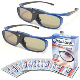 2 pieces of 3D DLP Link Glasses "Blue Heaven + 26pcs wet cleaning cloths" for all 3D DLP Projectors and for all Samsung or Mitsubishi 3D DLP HDTVs (USB Rechargeable, Lightweight, only 32g) TWIN PACK Compatible also with BenQ W1070  Not for LCD o