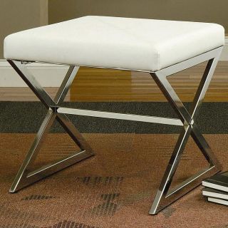 Contemporary White Faux Leather Ottoman With Metal Base
