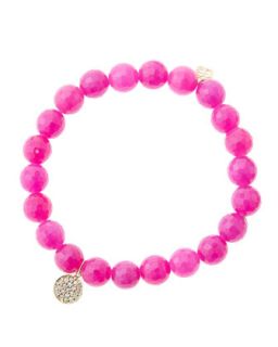 8mm Faceted Fuchsia Agate Beaded Bracelet with Mini Rose Gold Pave Diamond Disc