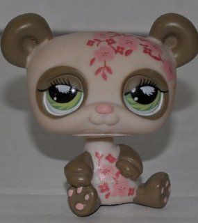 Panda Bear #904 (Hand on Toe, Cream/Tan, Green Eyes, Pink Flowers on body) Littlest Pet Shop (Retired) Collector Toy   LPS Collectible Replacement Single Figure   Loose (OOP Out of Package & Print) 