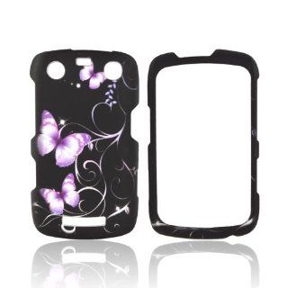 Purple Butterflies on Black Rubberized Hard Plastic Case Snap On Cover For Blackberry Curve 9360 Apollo Cell Phones & Accessories