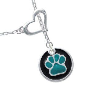 Teal Paw on Black Disc Heart Lariat Charm Necklace Pendant Necklaces Jewelry