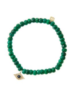 6mm Faceted Emerald Beaded Bracelet with 14k Yellow Gold/Diamond Small Evil Eye