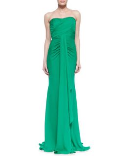 Womens Strapless Ruched Bodice Draped Gown, Emerald   Badgley Mischka