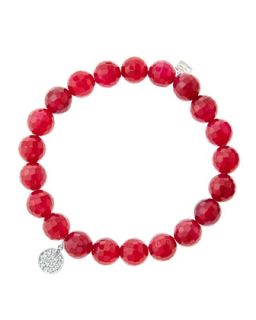 8mm Faceted Red Agate Beaded Bracelet with Mini White Gold Pave Diamond Disc