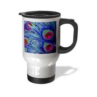3dRose Vector Peacock Feathers in Electric Blue and Pink Travel Mug, 14 Ounce, Stainless Steel Kitchen & Dining
