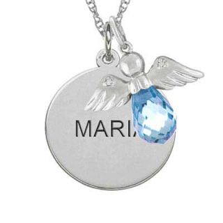 Simulated Birthstone Angel Charm with Engraved Disc Pendant in 10K