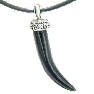 Amulet Italian Horn Lucky Charm Black Onyx Gemstone Spiritual Powers Pendant on Leather Cord Necklace Stainless Italian Horn Charm Jewelry