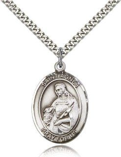 Large Detailed Men's .925 Sterling Silver Saint St. Agnes of Rome Medal Pendant 1 x 3/4 Inches Virgins/Girl Scouts 7128  Comes with a Stainless Silver Heavy Curb Chain Neckace And a Black velvet Box Jewelry