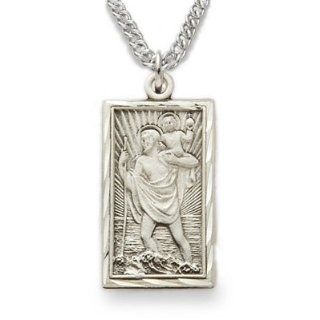 .925 Sterling Silver Engraved Rectangle St. Christopher Medal Pendant Jewelry Patron Saint Medal Pendant Catholic w/Chain Necklace 20" Length Jewelry
