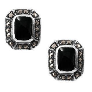 Rectangle Inlay Marcasite Earrings Sterling Silver 925 Black Onyx Stud Earrings Jewelry